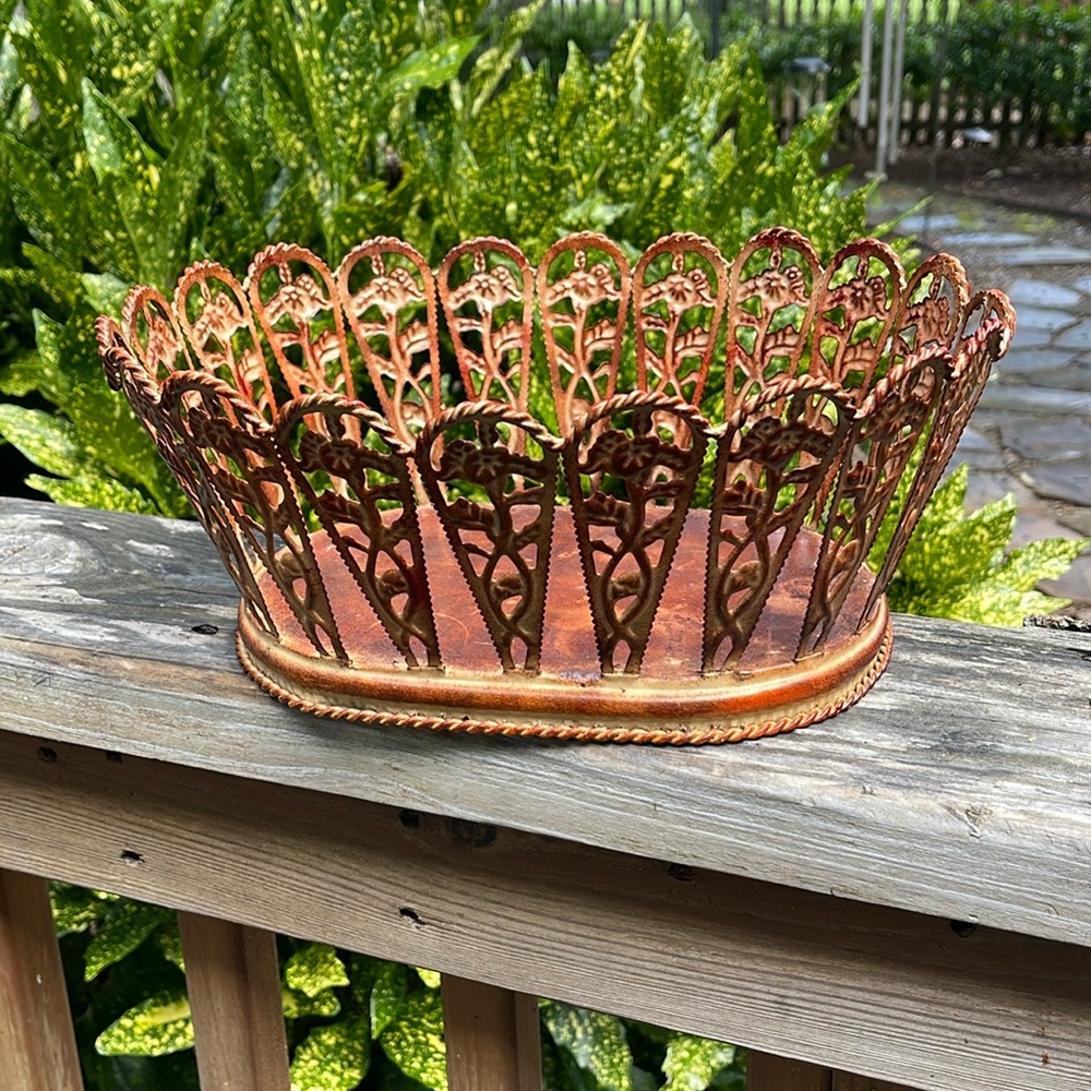 Vintage Ornate Metal Filigree Flowers Oval Basket